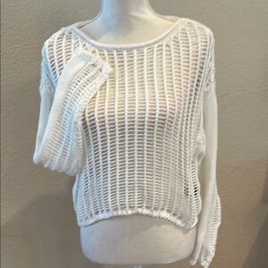 White Crew Neck Sweater with Open-Weave Design